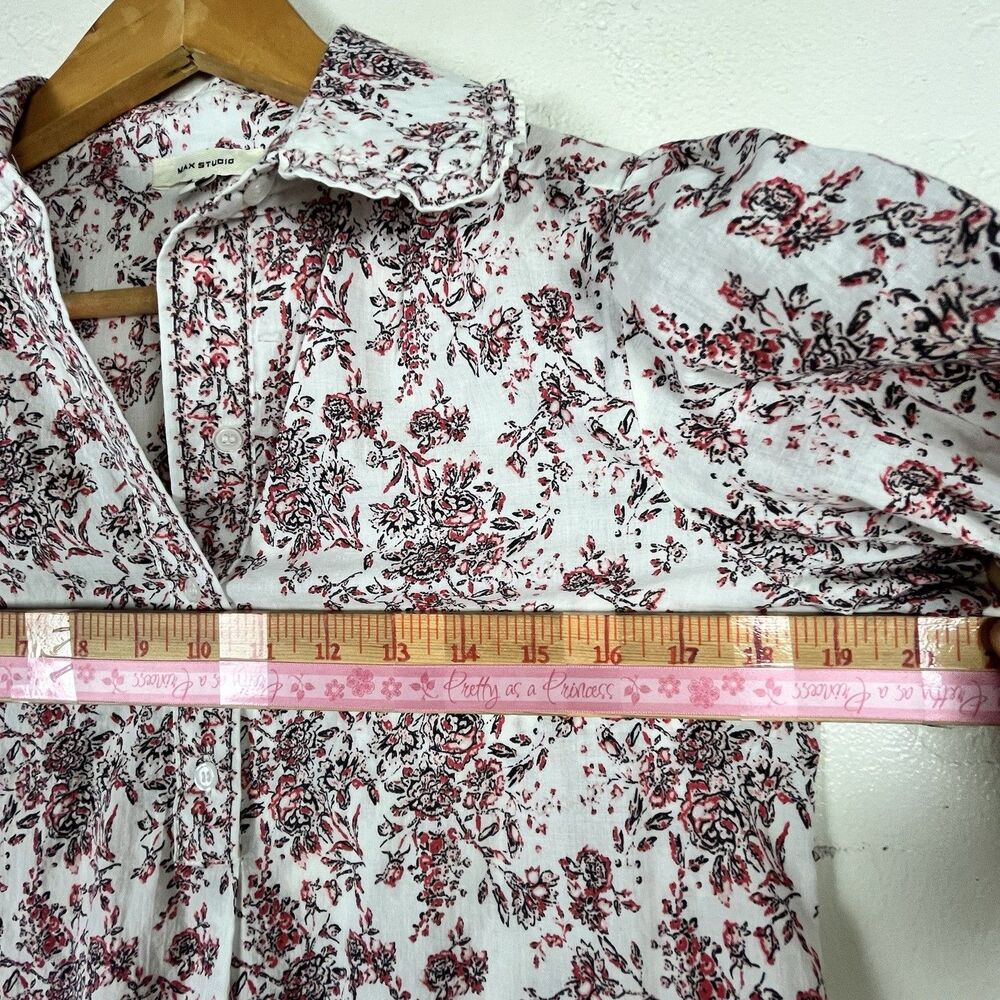 Max Studio Floral Cotton Blouse XS Puff Sleeve Ruffle Collar Cottagecore - Picture 8 of 14